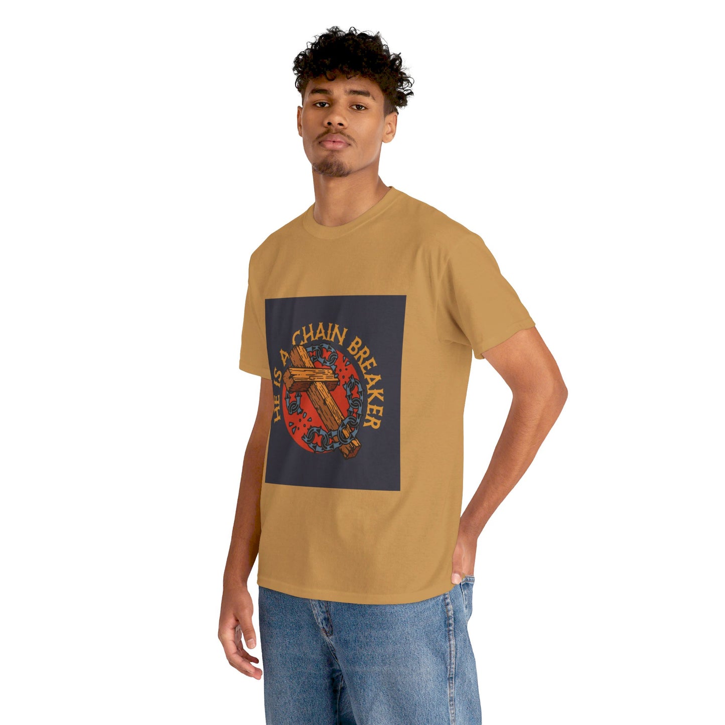 He is a chain breaker Christian, Unisex Heavy Cotton Tee