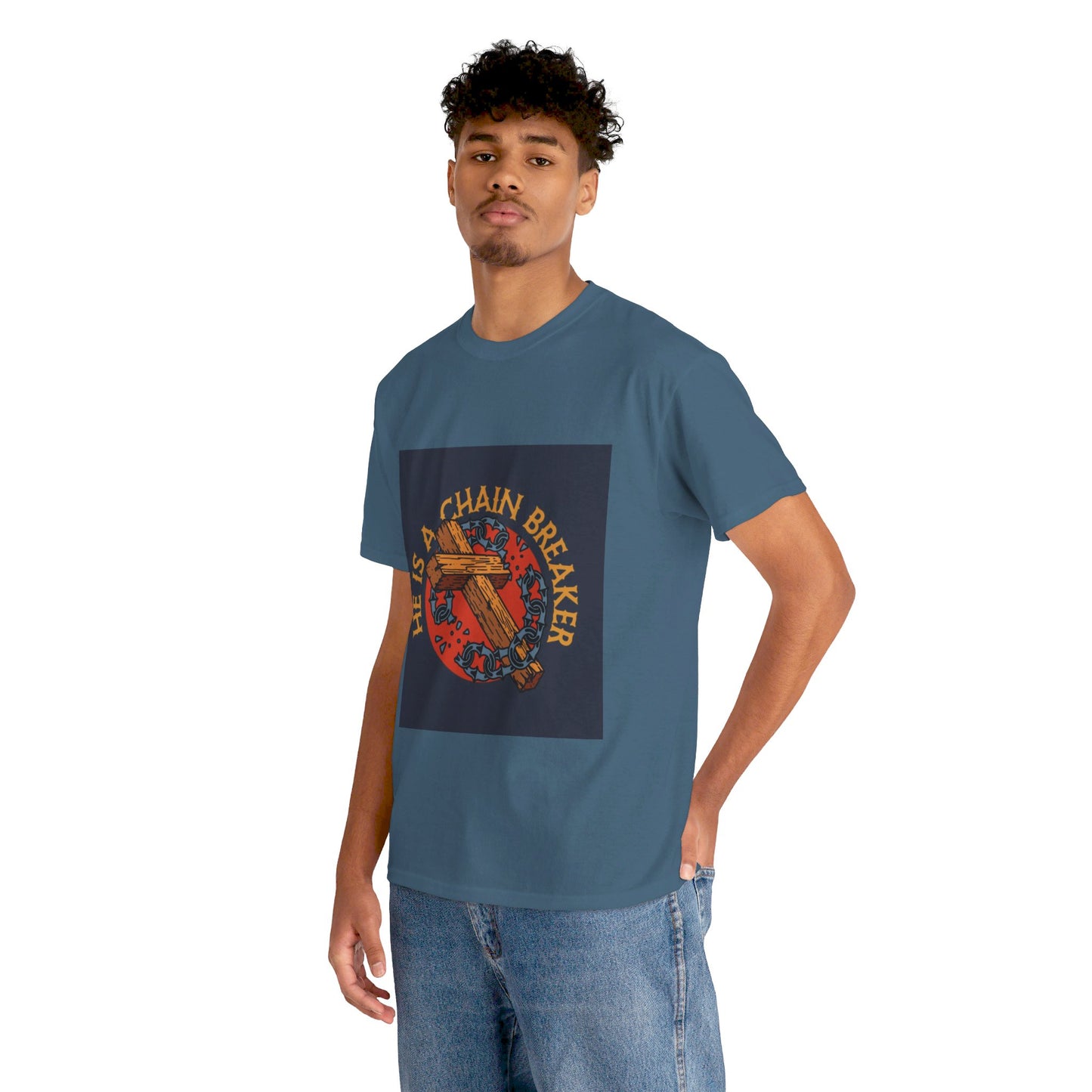 He is a chain breaker Christian, Unisex Heavy Cotton Tee