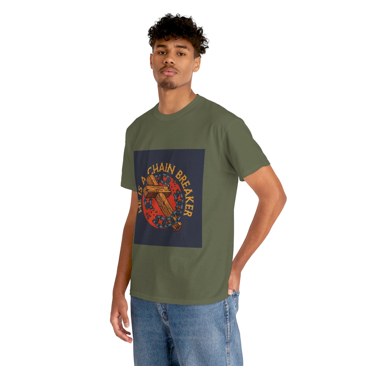 He is a chain breaker Christian, Unisex Heavy Cotton Tee