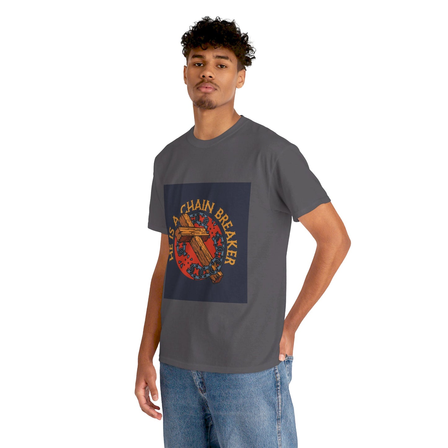 He is a chain breaker Christian, Unisex Heavy Cotton Tee