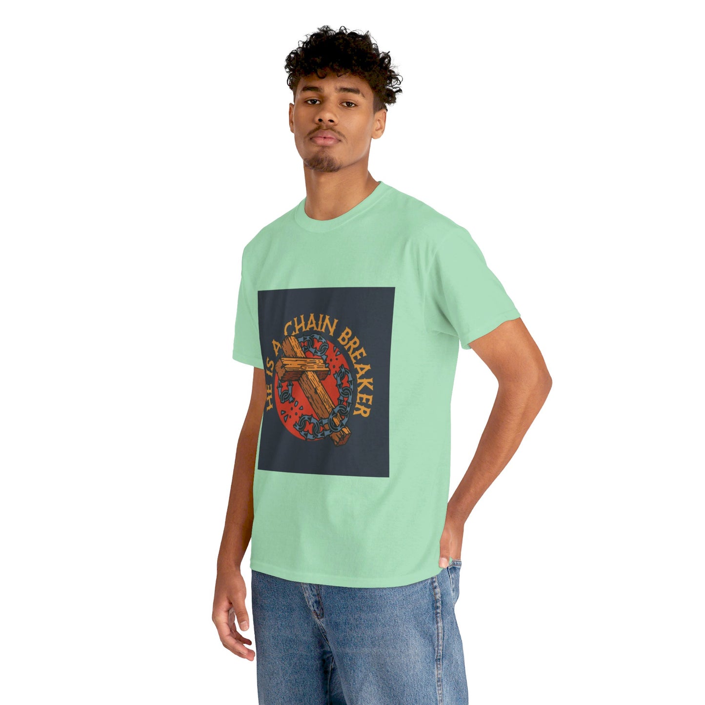 He is a chain breaker Christian, Unisex Heavy Cotton Tee