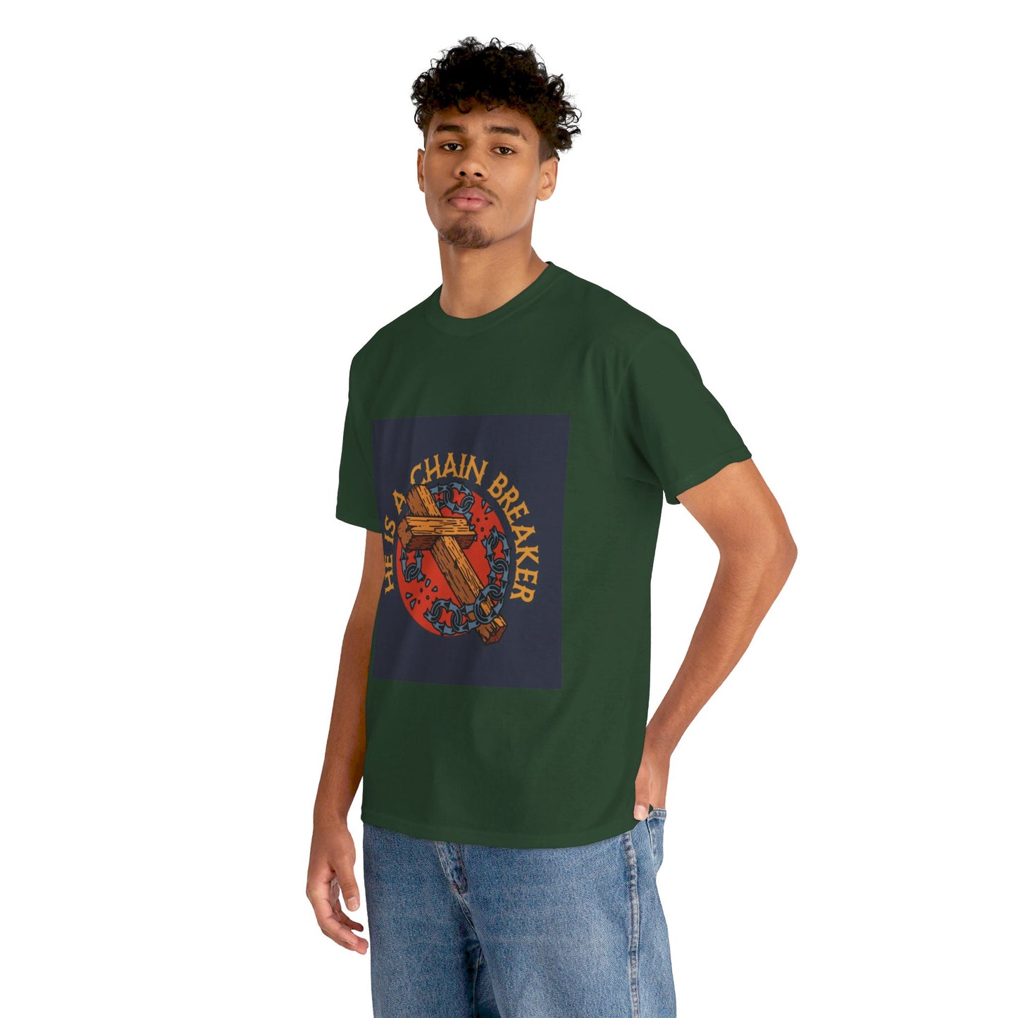 He is a chain breaker Christian, Unisex Heavy Cotton Tee