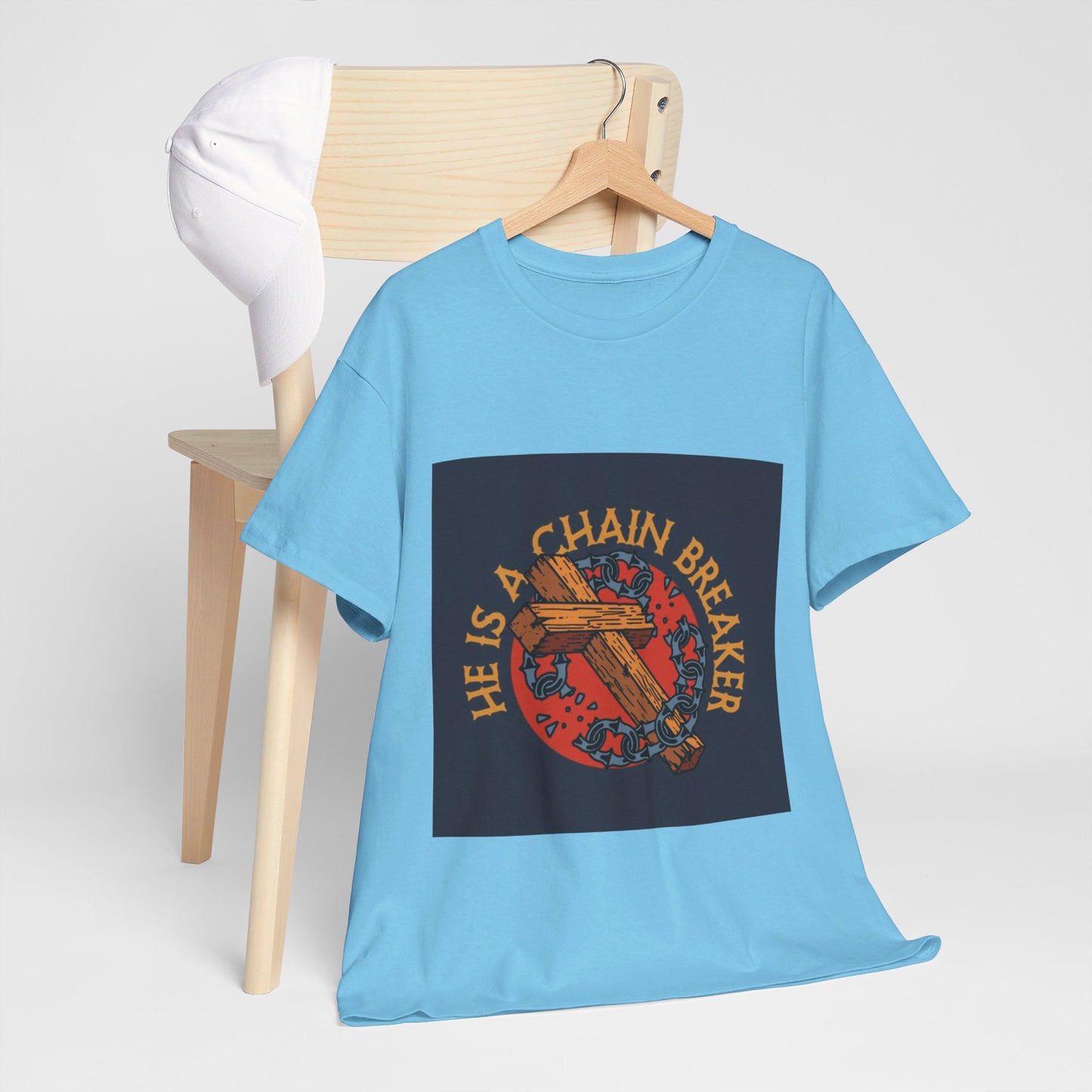 He is a chain breaker Christian, Unisex Heavy Cotton Tee