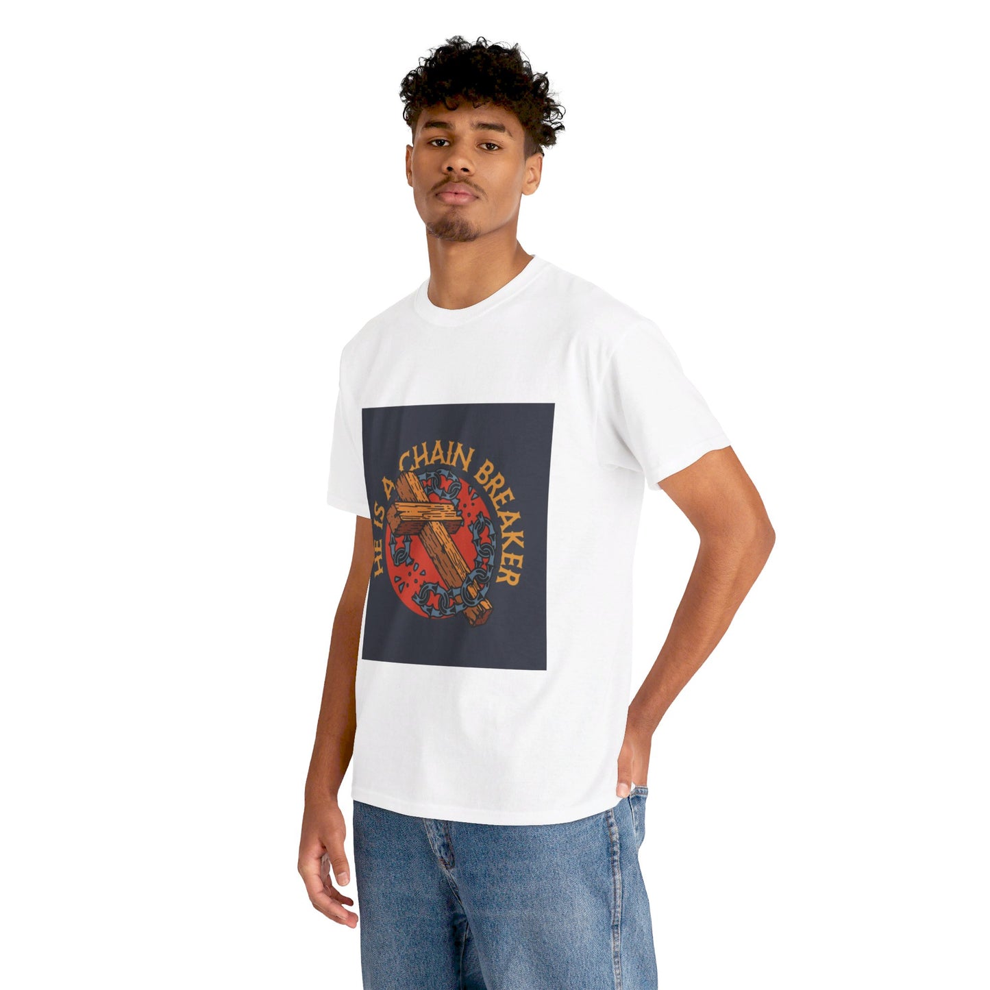 He is a chain breaker Christian, Unisex Heavy Cotton Tee