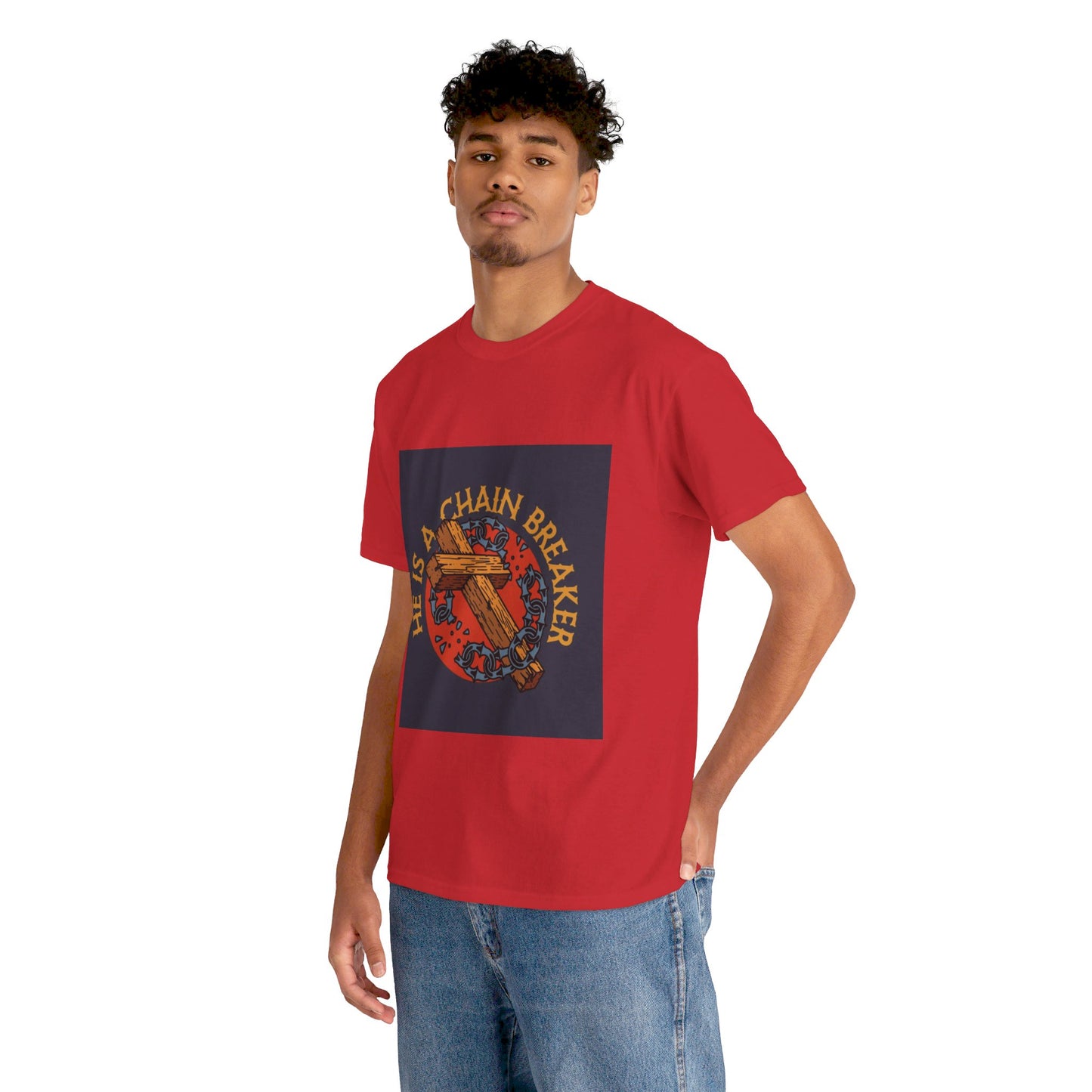 He is a chain breaker Christian, Unisex Heavy Cotton Tee
