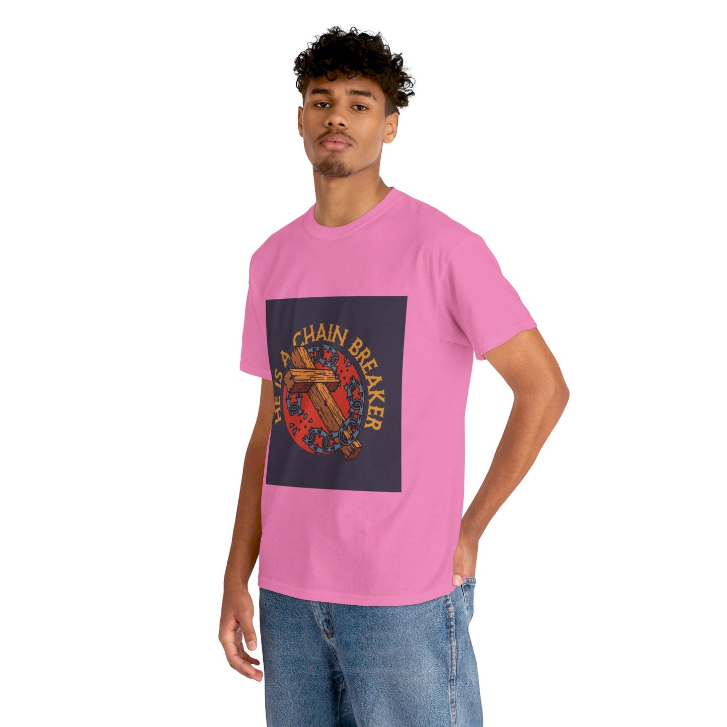 He is a chain breaker Christian, Unisex Heavy Cotton Tee