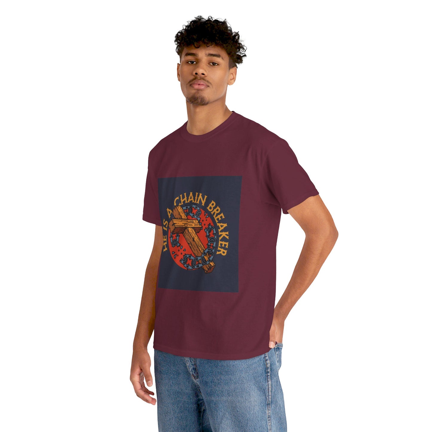 He is a chain breaker Christian, Unisex Heavy Cotton Tee