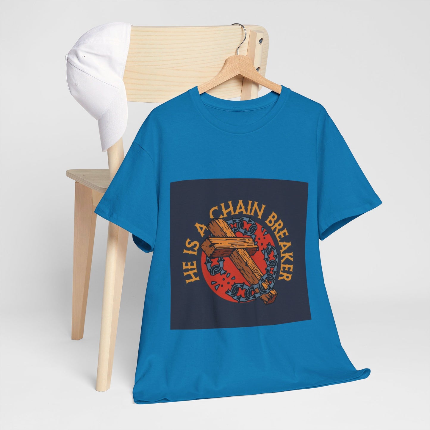 He is a chain breaker Christian, Unisex Heavy Cotton Tee