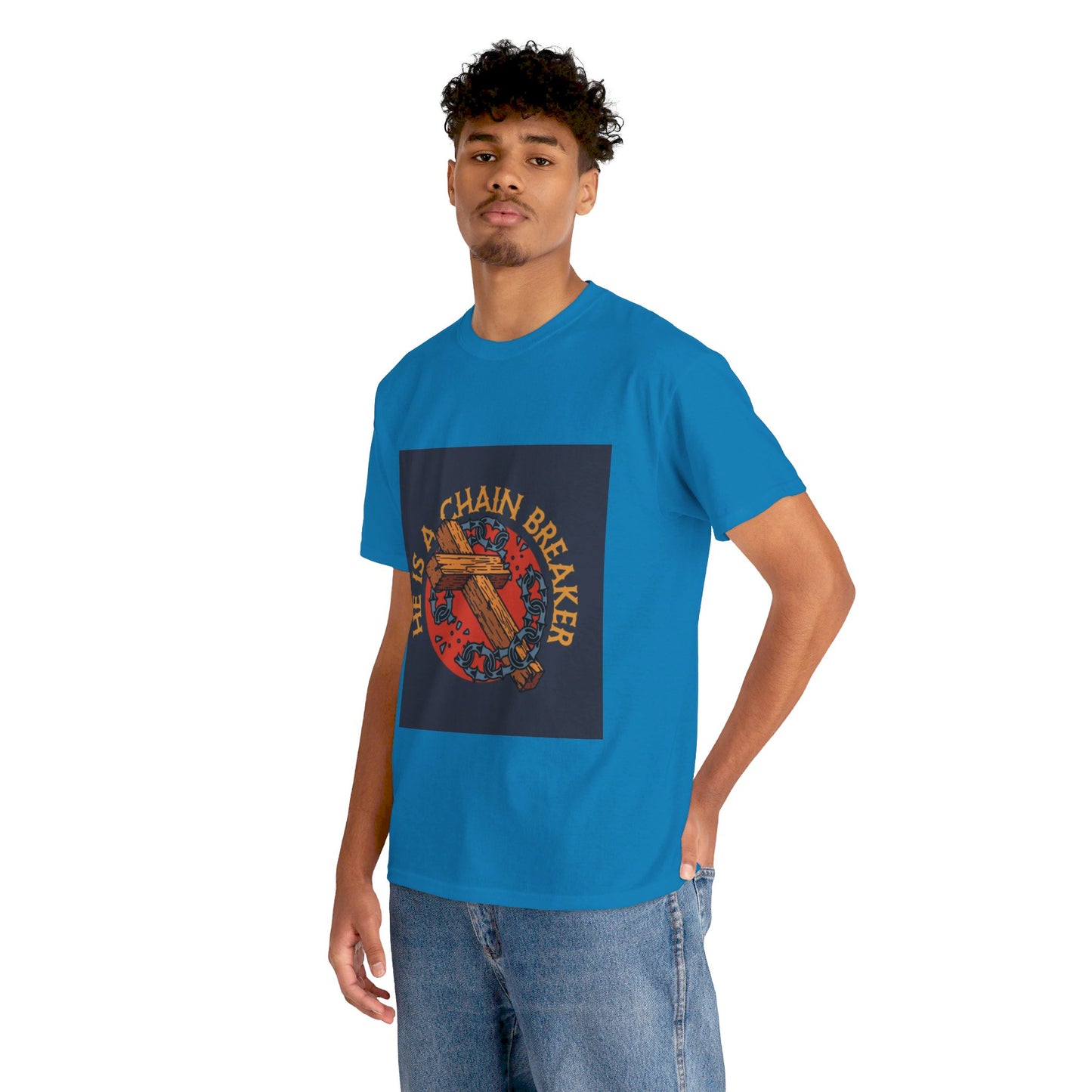 He is a chain breaker Christian, Unisex Heavy Cotton Tee