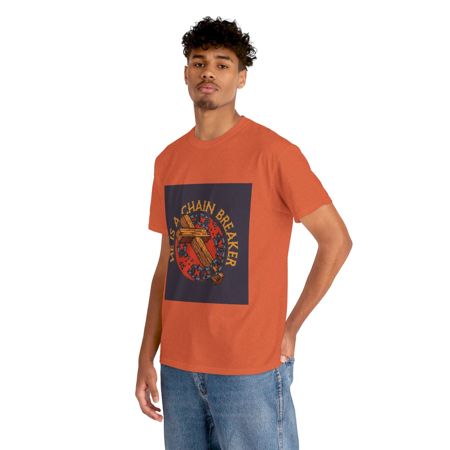 He is a chain breaker Christian, Unisex Heavy Cotton Tee