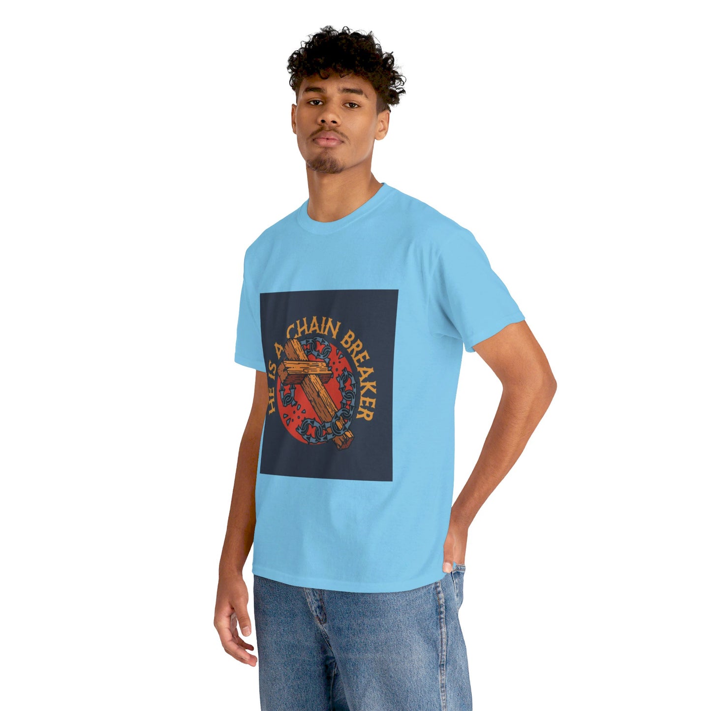 He is a chain breaker Christian, Unisex Heavy Cotton Tee