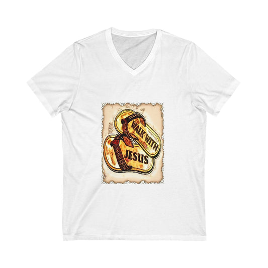 Faith-Inspired Unisex V-Neck Tee, Walk with Jesus T-Shirt, Christian Apparel, Religious Gift, Casual Wear, Church Outfit