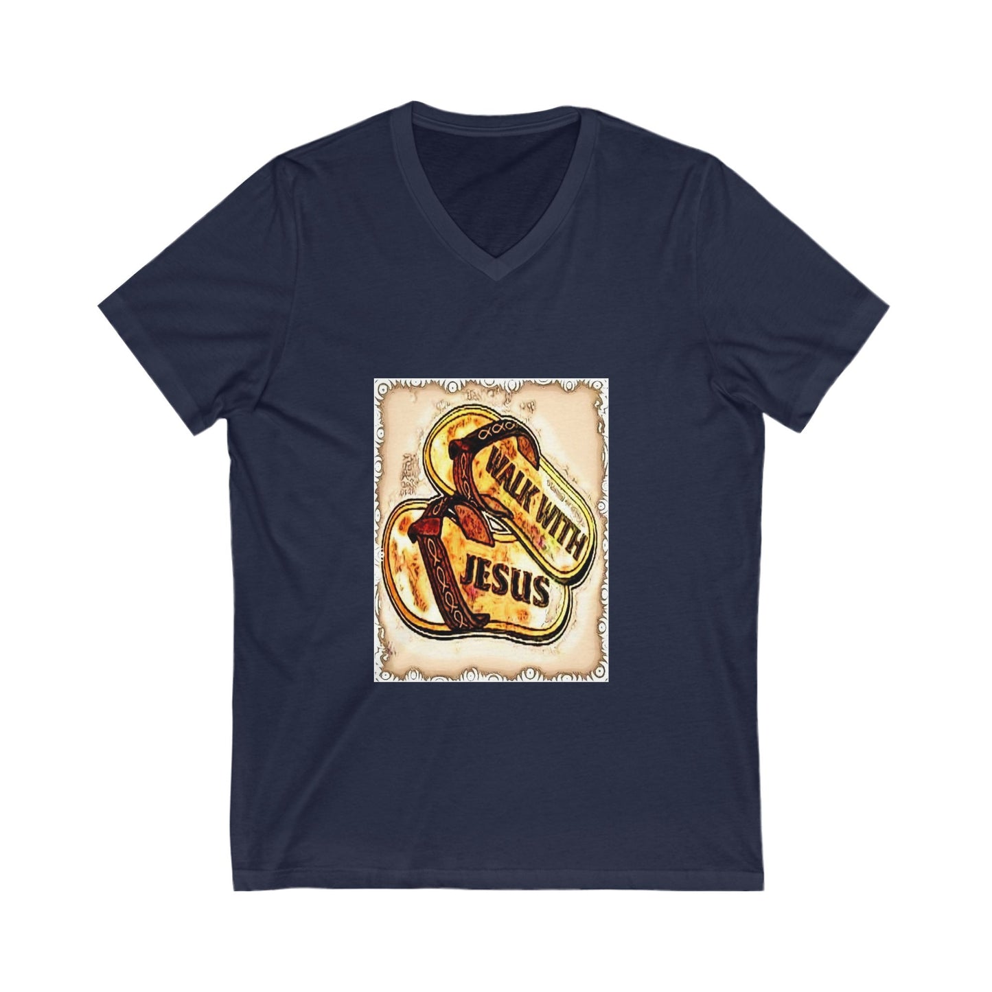Faith-Inspired Unisex V-Neck Tee, Walk with Jesus T-Shirt, Christian Apparel, Religious Gift, Casual Wear, Church Outfit